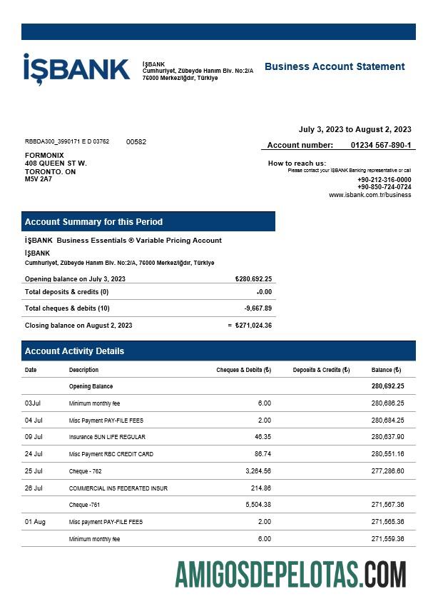 Baixável İşbank Extrato de conta corrente corporativa modelo Word e PDF